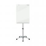 The image shows a sleek and modern Flipchart Easel from ACCO Brands, equipped with a glass mobile easel from Nobo. The easel is set up in a professional workspace, with a whiteboard mounted on top of a sturdy metal frame. The easel is easily movable with its wheels, making it convenient for presentations and meetings. The whiteboard itself is glossy and reflective, with plenty of space for writing and drawing. The easel is versatile and adaptable, perfect for any business setting.