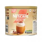 The photo features a 1kg jar of Nestle Coffee Nescafe Gold Cappuccino, with a sleek gold and black label. The instant coffee inside has an unsweetened taste, and is a rich brown color. The packaging also includes the iconic Nescafe logo and branding.