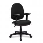 The Nautilus Designs General Desk Chairs Java 100 Medium Back Operator Chair features a sleek black design with adjustable arms and a single lever for easy customization. The chair exudes professionalism and comfort for any office setting.