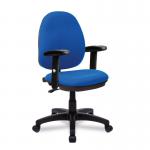 This photograph showcases Nautilus Designs General Desk Chairs Java 100 Medium Back Operator Chair in a stunning blue color. The chair features a single lever for easy adjustments and height adjustable arms for added comfort. Its sleek design is perfect for any office space.