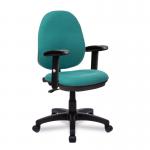The Nautilus Designs General Desk Chairs Java 100 Medium Back Operator Chair features a sleek, modern design with green upholstery and adjustable arms. Its single lever for height adjustment makes it practical and versatile for any workspace.