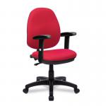 The Nautilus Designs General Desk Chairs Java 100 Medium Back Operator Chair features a sleek design in red, with a single lever for easy height adjustment and adjustable arms. Its modern look adds a pop of color to any office space. The chair exudes professionalism and comfort.