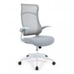 Romsey High Back Designer Mesh Back Chair with Fabric Seat, White Frame, White Base and Folding Arms - Grey BCM/H476/GY