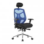 Polaris High Back Mesh Synchronous Executive Armchair with Adjustable Headrest and Chrome Base - Blue/Black BCM/K113/BL