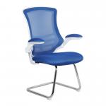 Luna Designer Medium Back Mesh Cantilever Chair with White Shell, Chrome Frame and Folding Arms - Blue BCM/L1302V/WHBL