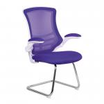 Luna Designer Medium Back Mesh Cantilever Chair with White Shell, Chrome Frame and Folding Arms - Purple BCM/L1302V/WHPL
