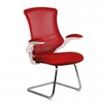 Luna Designer Medium Back Mesh Cantilever Chair with White Shell, Chrome Frame and Folding Arms - Red BCM/L1302V/WHRD