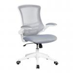 The photo features a sleek and modern Nautilus Designs Mesh Back Chair in grey, with a high back and foldable arms. The white shell adds a touch of sophistication to this designer chair.