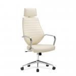 Atlas High Back Leather Effect Designer Executive Chair with Headrest, Chrome Armrests and Chrome Base - Cream BCP/G448/CM