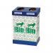 This picture shows twin recycling bins in a vibrant blue and green color, each with a capacity of 95 litres. The bins are labeled as Acorn Office and feature a unique acorn-shaped design. They are suitable for recycling and have a sleek, modern appearance.
