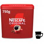 The photograph features a large, yellow package of Nescafe Original Coffee Granules, with Nescafe Coffee prominently displayed. The contents spill out onto a surface, with the rich, dark brown coffee grounds stacked neatly inside. The label indicates that this package contains 750g of coffee and is part of a pack of six.