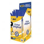 The picture shows a set of Bic Ballpoint Pens in the classic Cristal Original design. The pens are in a sleek, medium size and are in a vibrant blue color. The pack contains 50 pens and is labeled as NWT1076.