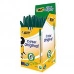 The image shows a pack of Bic ballpoint pens in a vibrant green color. The pens have a medium-sized tip and the classic Bic Cristal Original design. There are 50 pens in the pack, all brand new with their packaging. The pens are neatly arranged and ready to be used.