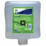 This picture shows a pack of four 2 litre cartridges of SC Johnson Hand Wash Deb Solopol Lime Wash. The bottles have a lime green label with the brand name and product name clearly displayed. The liquid inside is a bright green color and there is a pump on top for dispensing. The background is a white countertop with a clean and modern aesthetic.