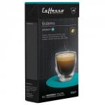 This photo features a pack of 10 Caffesso Sidamo espresso capsules from the Espresso Capsule Company. The sleek black packaging is boldly emblazoned with branding and the Nespresso compatibility logo. The capsules offer a rich, aromatic brew and come in a NWT1559 box.