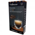 A photo of Espresso Capsule Companys hot chocolate pods would show a vibrant and colorful packaging. The packaging would feature a sleek and modern design with the words Caffesso Chocolate written boldly. The 10 pods would be neatly arranged in rows inside the package. The compatibility with Nespresso machines would also be prominently displayed on the packaging.