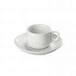 The image features a set of cutlery and crockery, including the 2.8oz Orion White Espresso Cup & Saucer, packaged in a set of six. The cup and saucer have a sleek design and are in a pristine, new condition. The set is perfect for serving individual servings of espresso in style.