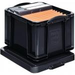 The photograph captures a stack of black plastic storage boxes, labeled with the brand Really Useful Products. Each box has a 35 litre capacity and is brand new with no visible wear or tear. The boxes are neatly placed on top of each other, creating a sturdy and organized storage solution. The sleek black color adds a touch of sophistication to the overall appearance.