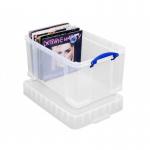 This picture shows a stack of Really Useful Boxes, made of clear plastic, with a capacity of 48 litres each. The boxes have the brand name Really Useful Products imprinted on them. They are in an extra-large size and have the model number NWT2602. The boxes are new and have never been used before.
