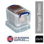The picture shows a stack of Really Useful Boxes, each with a capacity of 3 litres. The boxes are made of clear plastic, making it easy to see the contents. The design is simple yet versatile, making it perfect for organizing small items in any space.