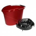 In the photo, three Freudenberg Buckets Vileda Supermocio Buckets and Torsion Wringer sets are stacked neatly on top of each other. The bright yellow plastic buckets feature the Vileda logo and the torsion wringers have attached handles. The packaging is colorful and includes product features and information.