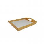 This photo features the Zodiac Kitchen Essentials Zodiac Naturals Wooden Tray NWT3713. It is a rectangular tray made of light-colored wood, with smooth edges and a glossy finish. The tray has carved geometric patterns on the surface, giving it a stylish and natural look.