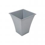 The photograph shows a silver square metal planter from What More UK Garden Maintenance, measuring 23cm in height. it features a sleek design with a metallic finish, perfect for adding a touch of modern elegance to any garden.