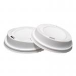 This photograph shows white disposable cup lids, designed for 7-9oz vending cups. The lids feature a sip-through design and come in a pack of 100. They are branded as Belgravia Disposables and have the product code NWT443.
