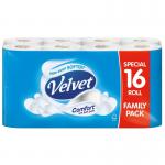 An image of Essity Toilet Paper and Tissues Velvet Quilted Classic 3 Ply Toilet Rolls 16 Pack New Size NWT4443 shows a bundle of 16 rolls of plush white toilet paper with a quilted design. The packaging features the Essity logo and product name.