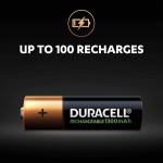 In the picture, there are four Duracell AA batteries with a blue and black label. The batteries have a 1300MAH capacity and come in a rechargeable pack. Each battery is new and still in its packaging, with a Duracell logo and the words Recharge Plus written on it.