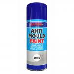 The image shows a can of Rapide Anti Mould Spray Paint, in a 400ml size. The can is labeled Rapide Tools and is shown as part of a pack of 12. The spray paint is specifically designed to combat mold.