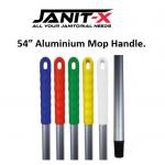 This image shows a yellow Janit-X Aluminium Socket Mop Handle from the Janit-X Colour-coded Cleaning collection. The handle features a sleek aluminum design and is labeled with the brands logo and product information. It is ready to be used for any cleaning task.