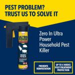 The image shows a can of STV Pest Control Zero-in Ultra Power Household Pest Killer, with a 600ml capacity, packaged in a box with the product name and brand clearly visible. The label boasts powerful pest-killing capabilities, with a striking red design that stands out against the black background. The can is surrounded by six identical boxes, indicating that this is a pack of six.