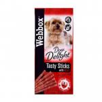 The picture shows a colorful pack of six Webbox Small Dogs Delight Tasty Sticks in beef flavor. The treats are designed for small dogs and are labeled as NWT5597. The packaging features pets and mentions Pets Choice Pet Supplies.