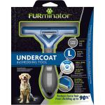 This photo features a large dog being groomed with the Spectrum Pet Supplies FURminator Undercoat Deshedding Tool for long hair. The tool has a sleek design and the dogs fur is visibly smoother and free of excess undercoat. The product is brand new with packaging intact.