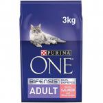 This photograph features a 3kg pack of Purina ONE Adult Dry Cat Food Salmon & Wholegrain. The packaging is blue and white with a picture of a happy cat on the front. The food inside is dry and appears to be a mix of brown and orange kibble. The brand name, Purina, is clearly displayed on the packaging.