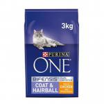 The picture features a pack of four 2.8kg bags of Purina ONE Coat & Hairball Dry Cat Food, featuring a chicken flavor. The bags are labeled with the brand name Purina and the product name NWT6146P. The food is designed for pet owners looking to keep their cats coat and hairball issues in check.
