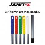 In the photograph, a Janit-X aluminium mop handle is shown in a clean, white color. The handle has a slim and lightweight design, with a sleek socket attachment at the top. It appears to be a new product, with no signs of wear or tear. Perfect for any janitorial or cleaning needs.