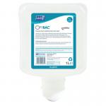 A clean and crisp photo of a large 1 litre cartridge of SC Johnson Hand Wash Deb OxyBAC Antibacterial Foam Wash can be seen. The packaging is white with blue and green accents, and the words OXY1L and NWT6313 can be seen on the label. The clear plastic top and pump allow for easy dispensing. The white foam wash is visible through the plastic container.