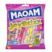 This picture shows a bright yellow Haribo Maoam JoyStixx bag that contains 140g of confectionery. The packaging displays the iconic Haribo logo and features bold, playful font. The bag is filled with stick-shaped candies in various bright colors, making it a fun and eye-catching treat.