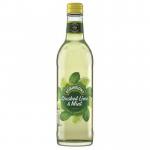 The picture shows a 500ml glass bottle of Britvic Plc Soft Drinks Robinsons Crushed Lime & Mint. The vibrant green liquid is bubbly and fizzy, with small chunks of crushed lime and mint visible. The label is clean and modern, with the brand name and flavor clearly displayed. The bottle has a slight condensation, suggesting its refreshing coldness. Overall, the image exudes a cool, refreshing beverage perfect for a hot summer day.