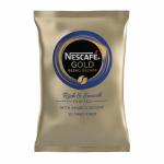 This image features a sleek, gold and red Nescafe Coffee Gold Blend Decaf 300g vending coffee canister. The label boasts the bold Nescafe logo, while the prominent decaf label stands out in white against the black background. The canister is sealed with a golden foil lid, signaling freshness.