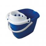 This picture features 10 Janit-X 15 litre mop buckets in a vibrant blue color. Each bucket is emblazoned with the Janit-X logo and is constructed with high-quality materials. The buckets are stacked neatly in rows, providing a convenient storage solution for any cleaning team.