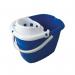 This picture features 10 Janit-X 15 litre mop buckets in a vibrant blue color. Each bucket is emblazoned with the Janit-X logo and is constructed with high-quality materials. The buckets are stacked neatly in rows, providing a convenient storage solution for any cleaning team.
