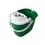The image shows a pack of 10 Janit-X 15 Litre Colour Coded Mop Buckets in green. The buckets are sturdy and equipped with a handle for easy carrying. The label Janit-X is visible on the front.