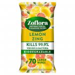 Zoflora Lemon Biodegradable Wipes, Antibacterial Multi-Surface Cleaning Wipes, 70s - PACK (6) NWT8113P