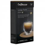 A close-up photo of a 10-count pack of Espresso Capsule Company Coffee Pods Caffesso Lungo, compatible with Nespresso machines. The elegant packaging displays rich, dark coffee pods with vibrant red and gold accents. The pods are individually sealed and ready to brew a delicious lungo.