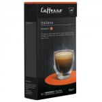 The image features a sleek black box with the brand name Caffesso Italiano and the phrase Espresso Capsule Company prominently displayed.  Inside the box are 10 individual coffee pods, each in its own colorful wrapper. The front of the box shows a close-up of a steaming cup of espresso, showcasing the rich, aromatic coffee inside the pods. The overall design exudes sophistication and high-quality craftsmanship, making it an enticing choice for coffee lovers.