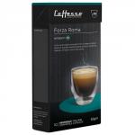 The photograph features a box of Espresso Capsule Companys Caffesso Forza Roma coffee pods. The sleek packaging displays the bold, rich flavor of the 10 cocoa-colored pods. Each pod is compatible with Nespresso machines, making it convenient and easy for coffee lovers to enjoy a delicious cup of coffee.