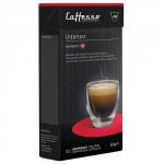 The picture shows a sleek black box of 10 Caffesso Intenso Espresso Capsules from a popular coffee pod company. Each pod is labeled with the Caffesso logo and is compatible with Nespresso machines. The packaging is new and untouched.